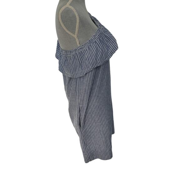 Aqua Linen Blend One Shoulder Striped Dress Size Small Ruffle Coastal Preppy - Picture 4 of 6